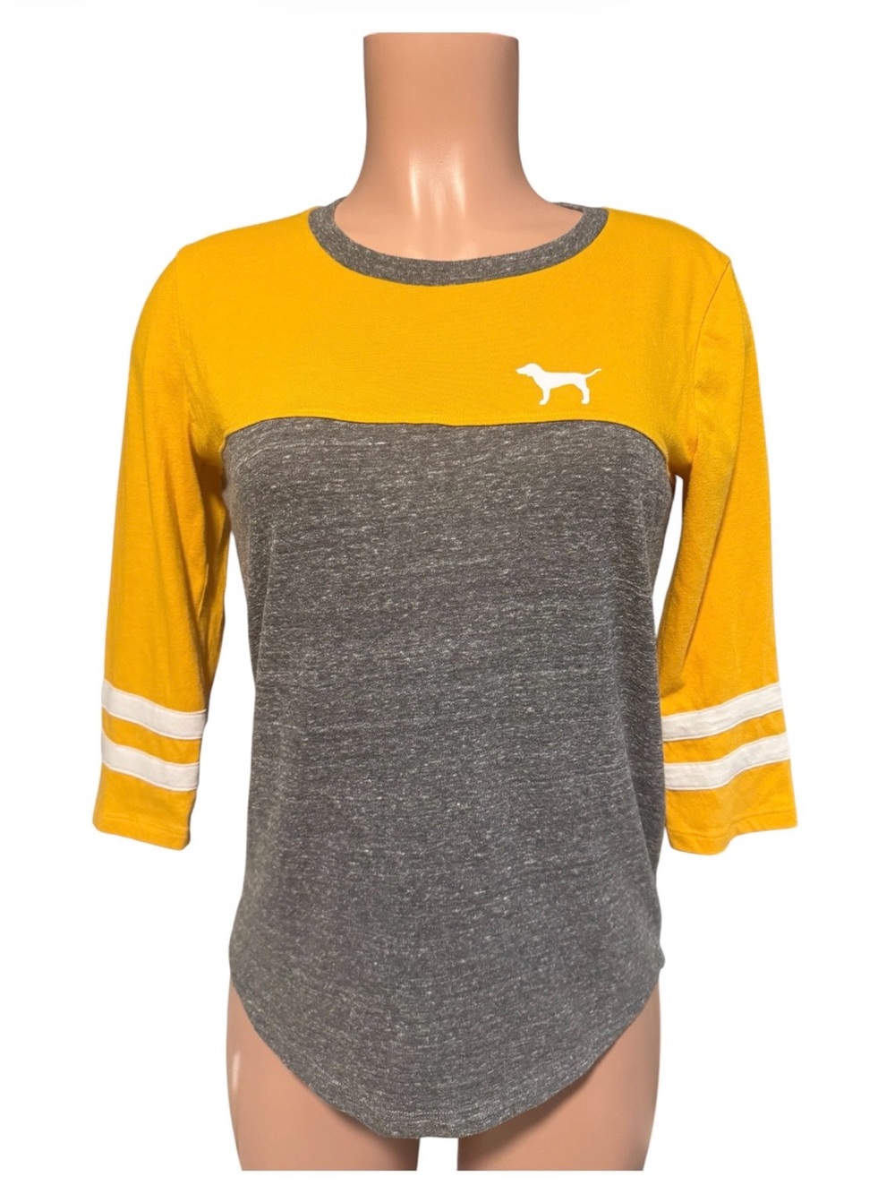 PINK Heather Gray & Mustard Colorblock Tee with Dog Logo